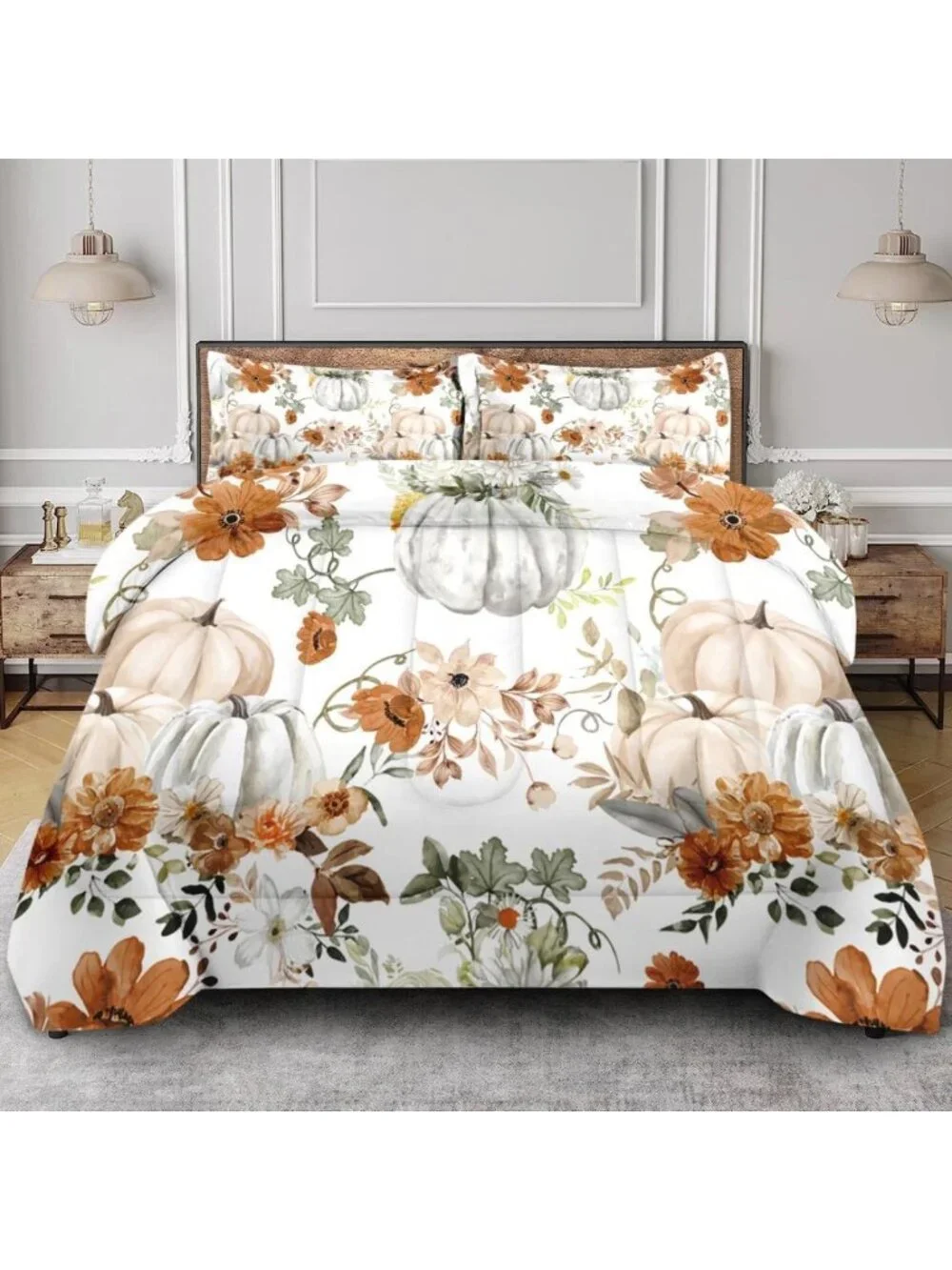 Cozy Floral Fall Comforter Set, 3 Pieces, Queen Size Bedding for Bedroom Decor